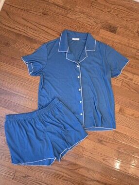 Ekouaer Blue Ribbed Women’s Short Pajama Set Size Large